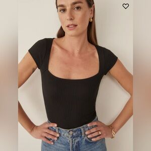 Reformation Black Bardot Ribbed Knit Top